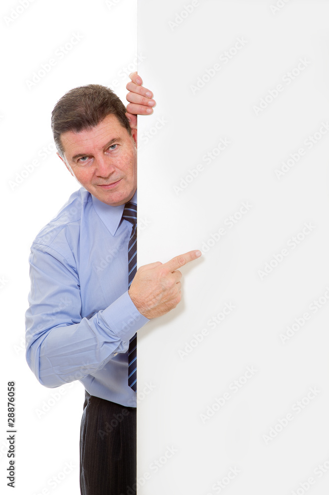 Man pointing finger at vertical billboard Man pointing finger at vertical billboard