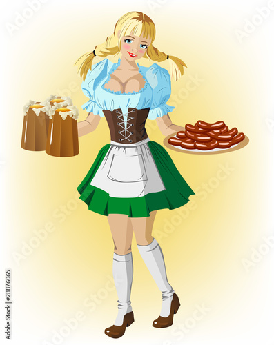 Beautiful German girl waitress carries beer sausages