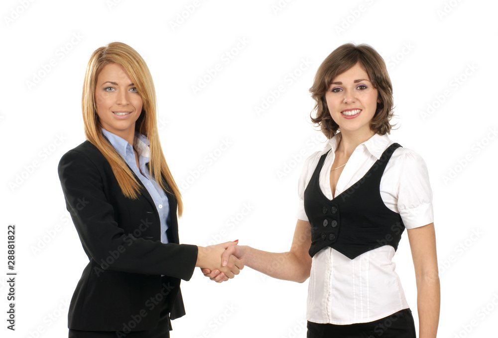 Two young and smart businesswomen are shaking their hands