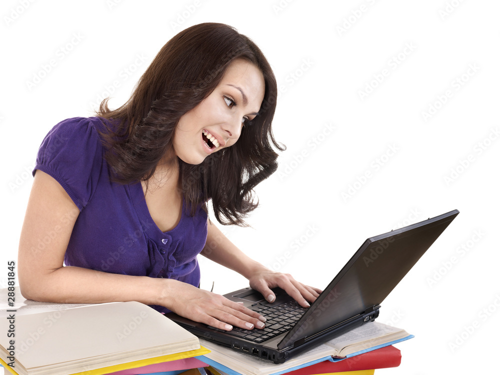 Girl with stack color book and laptop.Isolated. Girl with stack color book and laptop.Isolated.
