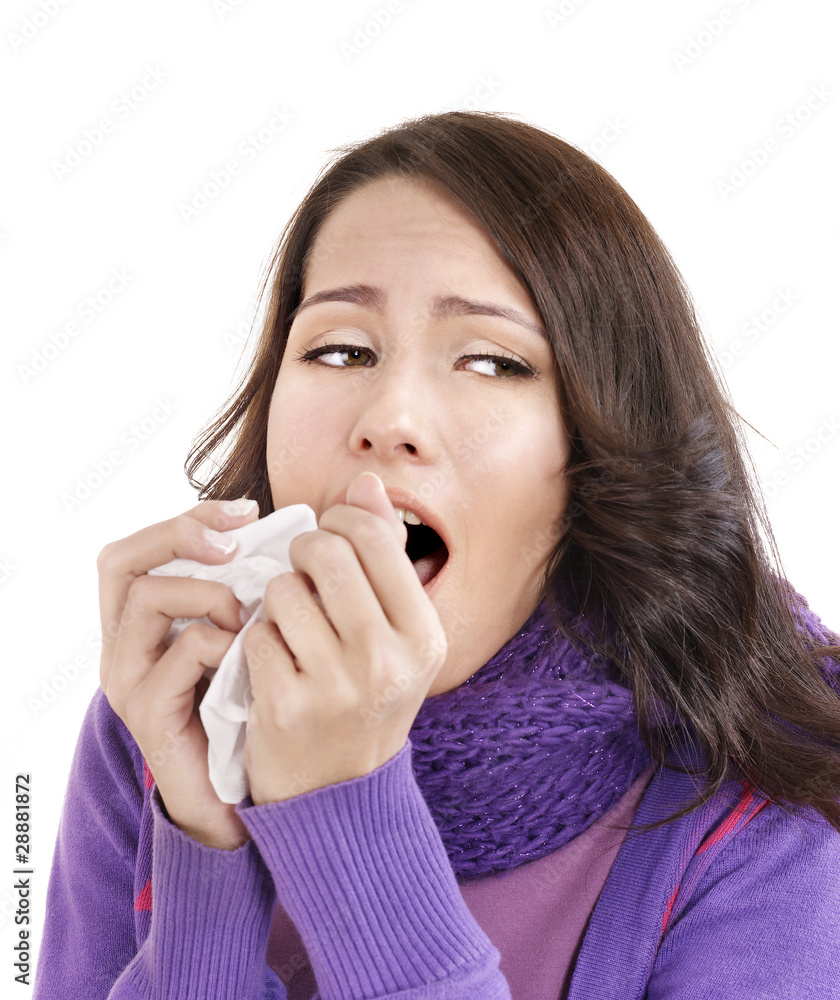 Young woman with handkerchief having cold. Young woman with handkerchief having cold.