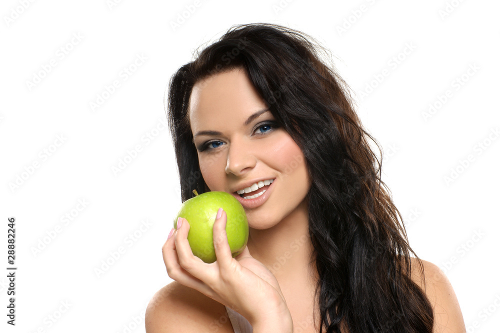 Portrait of a young and healthy girl with a green apple Portrait of a young and healthy girl with a green apple