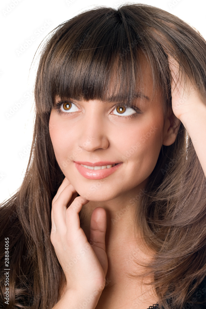 thoughtful woman with dark hair and brown eyes thoughtful woman with dark hair and brown eyes