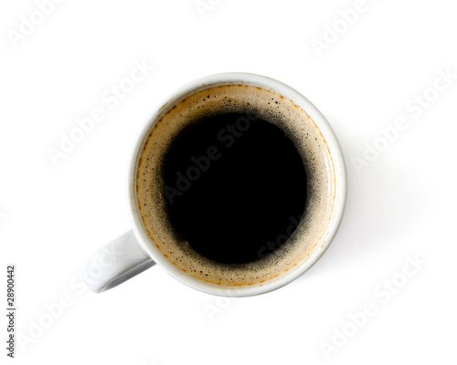 cup of coffee isolated on white background, photographed from above