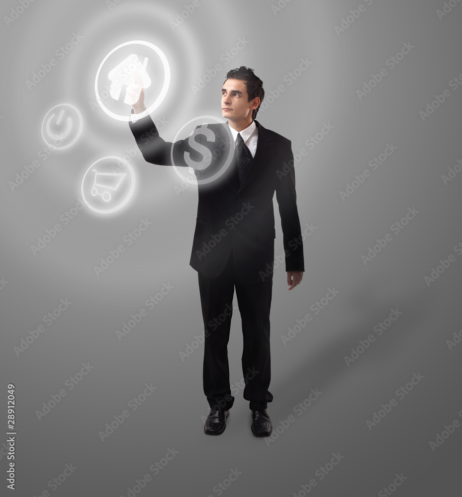 Business man pressing button Business man pressing button