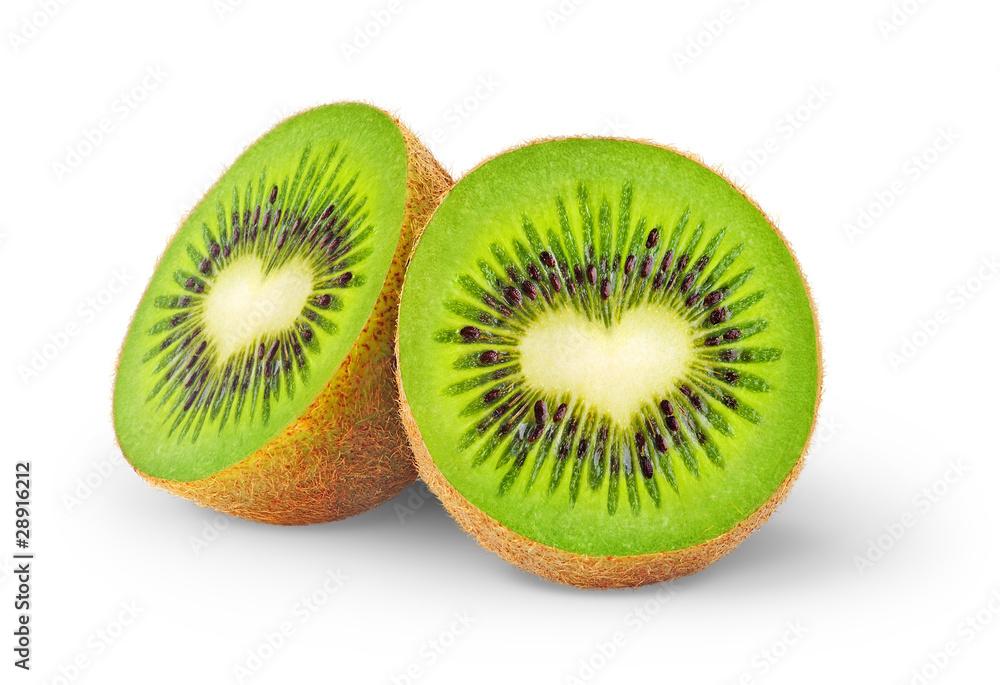 Isolated kiwi. One kiwi fruit cut in half with heart-shaped core isolated on a white background Isolated kiwi. One kiwi fruit cut in half with heart-shaped core isolated on a white background