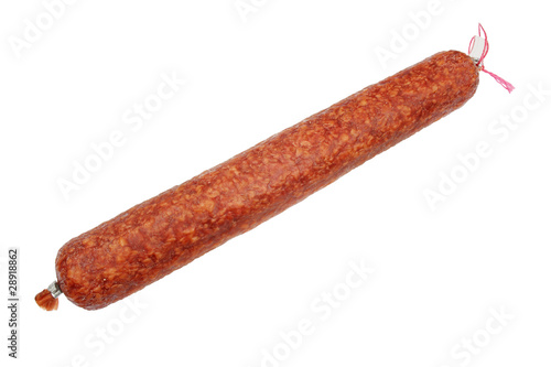 appetizing smoked sausage stick over white