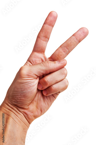 Left hand victory sign isolated over white background.