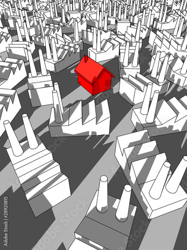 red house surrounded by many factories