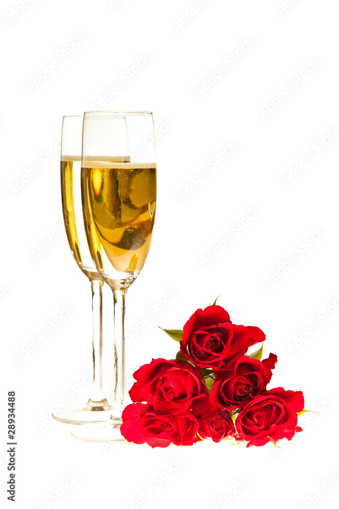Valentine's day roses and champagne wine isolated on white Valentine's day roses and champagne wine isolated on white