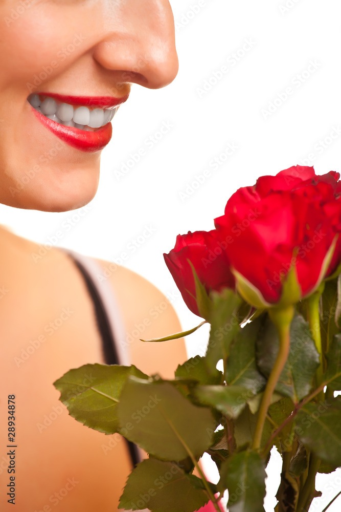 Beautiful caucasian woman with red roses on white isolated backg Beautiful caucasian woman with red roses on white isolated backg
