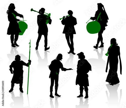 Silhouettes of people in medieval costumes.