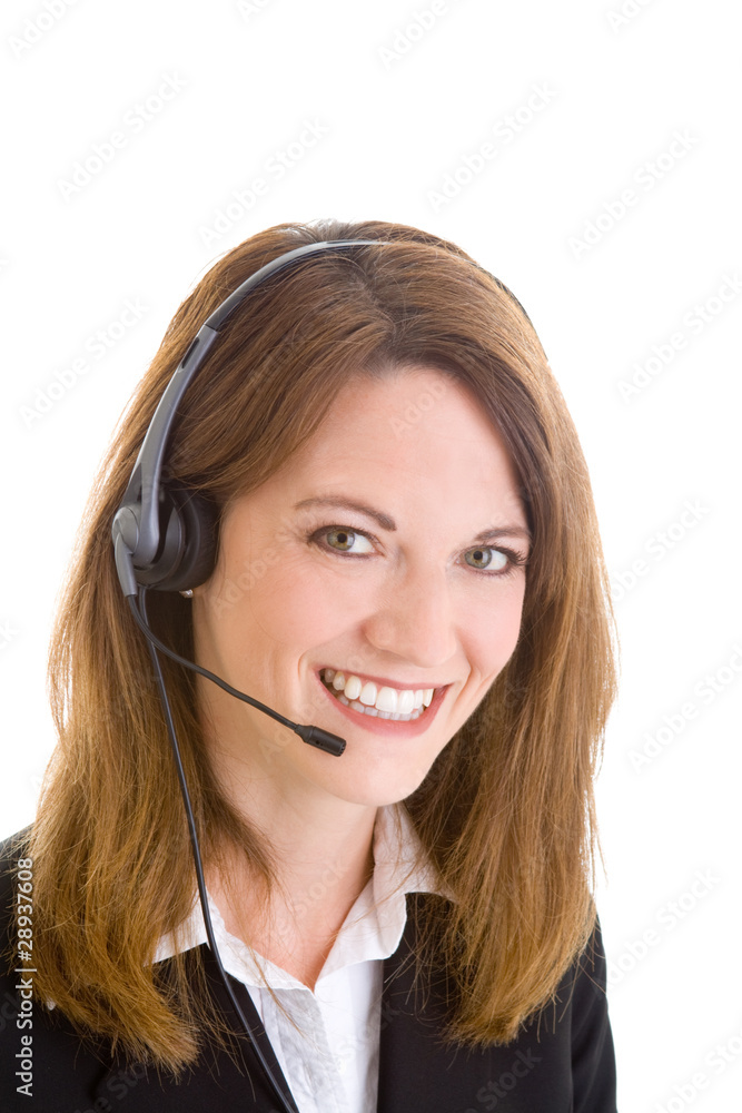 Smiling Customer Service Representative Woman Headset Isolated Smiling Customer Service Representative Woman Headset Isolated