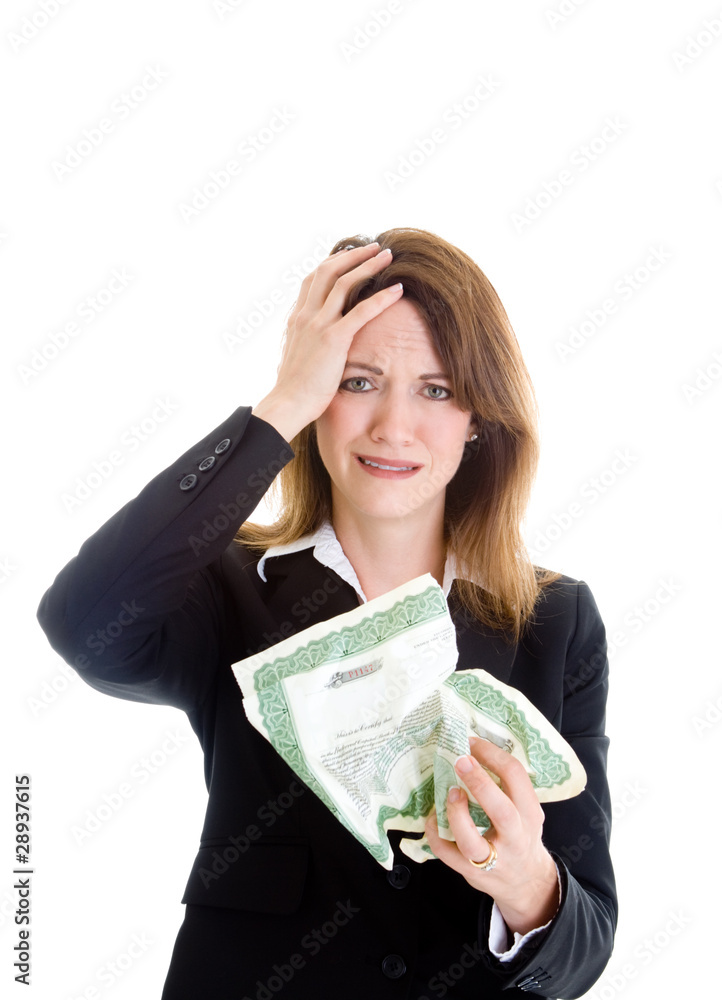 Upset Woman Stock Market Certificate Hand on Head Isolated Upset Woman Stock Market Certificate Hand on Head Isolated