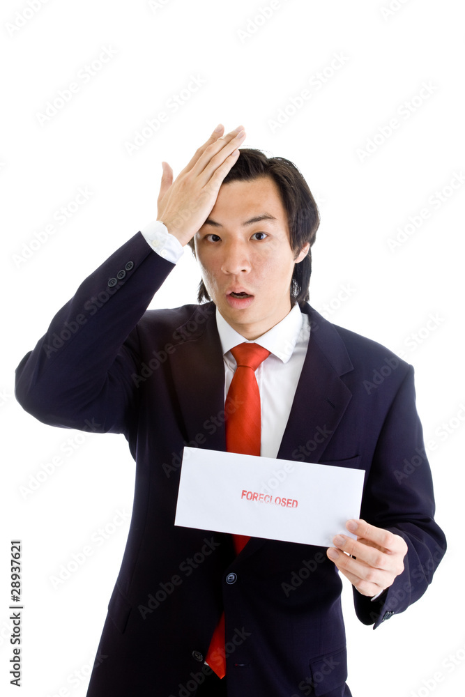 Shocked Asian Man Hand On Head, Foreclosure Notice, Isolated Shocked Asian Man Hand On Head, Foreclosure Notice, Isolated