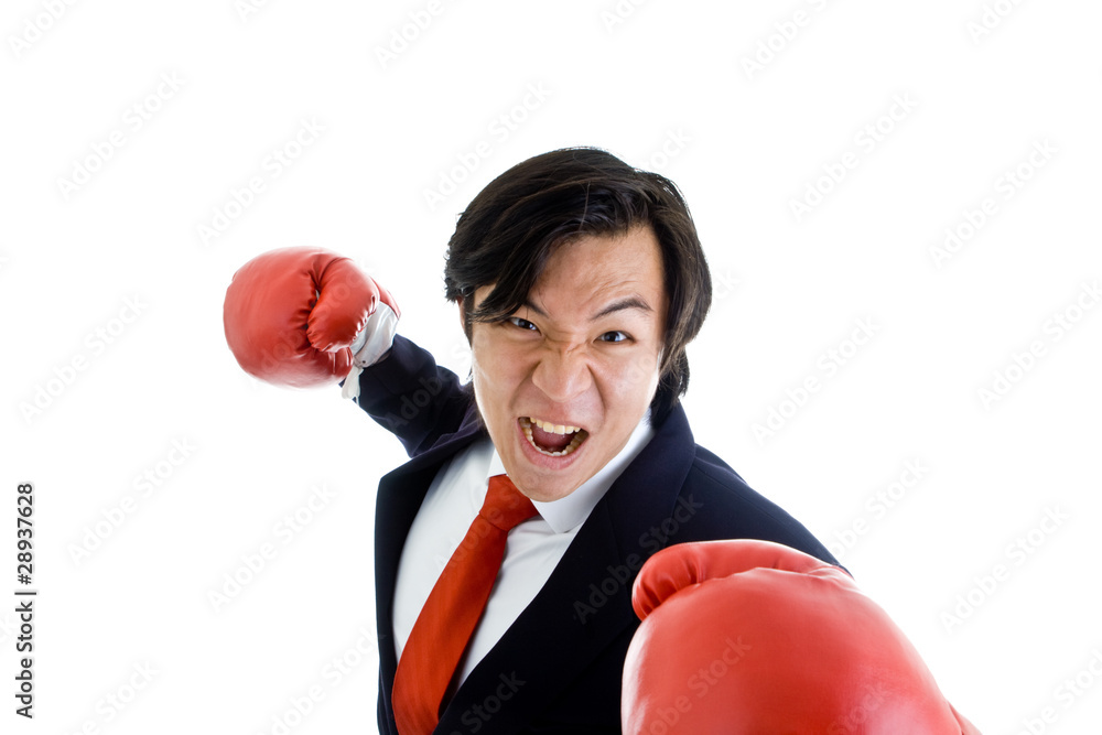 Angry Asian Business Man Boxing Glove Punching Threaten Camera Angry Asian Business Man Boxing Glove Punching Threaten Camera