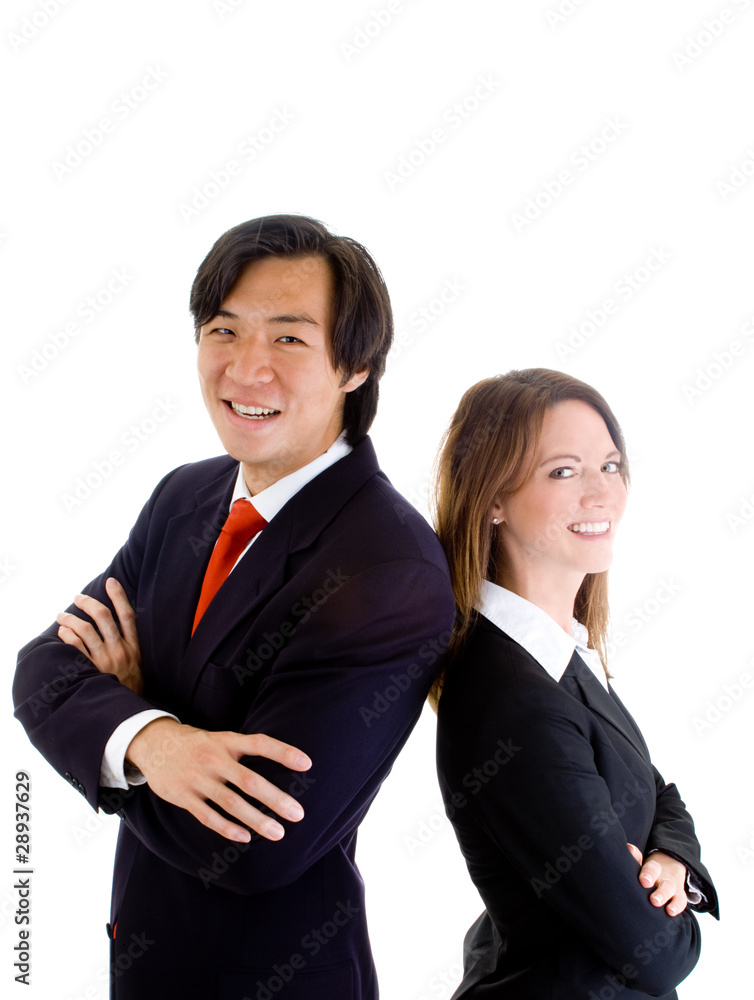 Smiling Asian Business Man Caucasian Woman Back-to-Back Isolated Smiling Asian Business Man Caucasian Woman Back-to-Back Isolated
