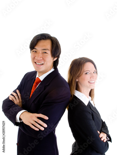 Smiling Asian Business Man Caucasian Woman Back-to-Back Isolated