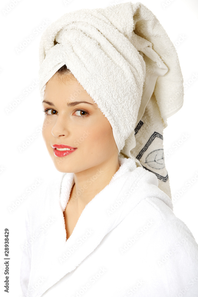 Portrait of young beautiful woman wearing bathrobe Portrait of young beautiful woman wearing bathrobe