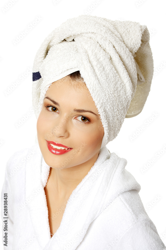 Portrait of young beautiful woman wearing bathrobe Portrait of young beautiful woman wearing bathrobe