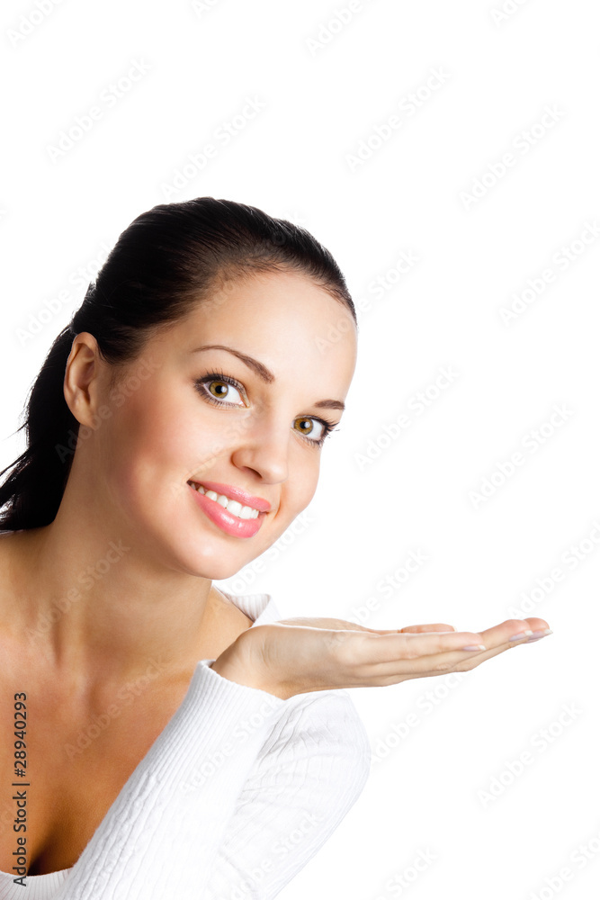Portriat of showing happy smiling woman, isolated on white Portriat of showing happy smiling woman, isolated on white