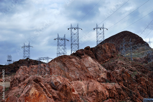 Hoover Dam Power transmission tower silhouette over mountain