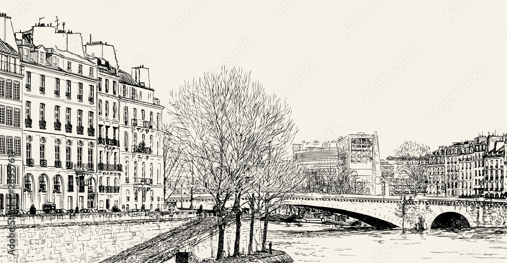 Vector illustration of a view from Pont St Louis on Seine River