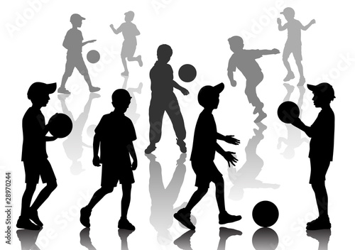 Set of nine young boys playing  in football