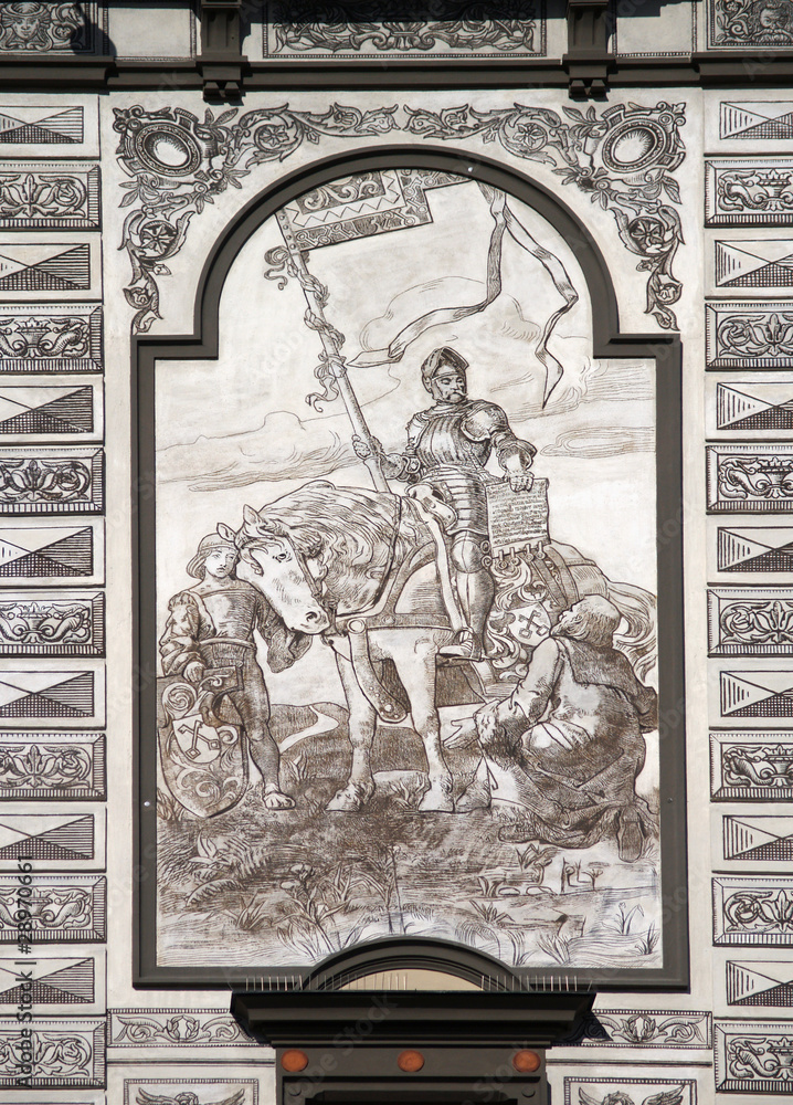 Fresco of knight on historical house in Prachatice