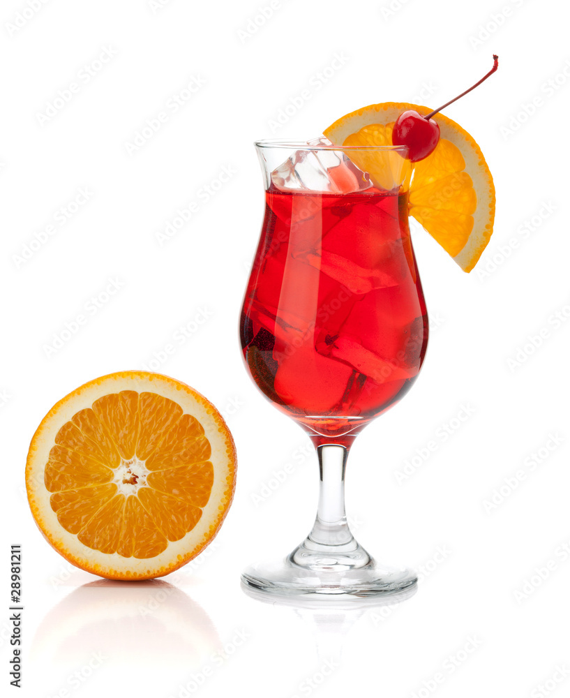 Red cocktail with orange and maraschino Red cocktail with orange and maraschino