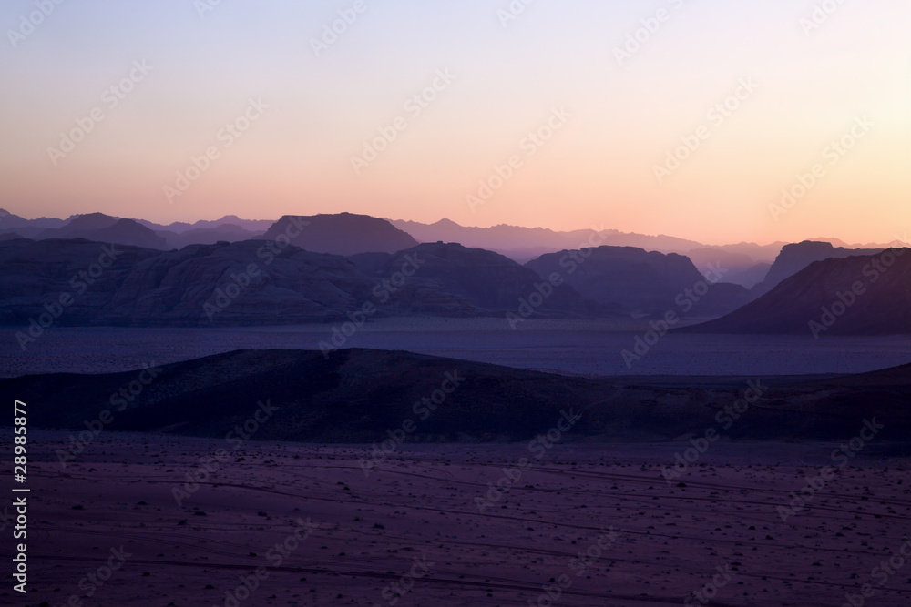 Hills in Wadi Rum desert during sunset, Jordan