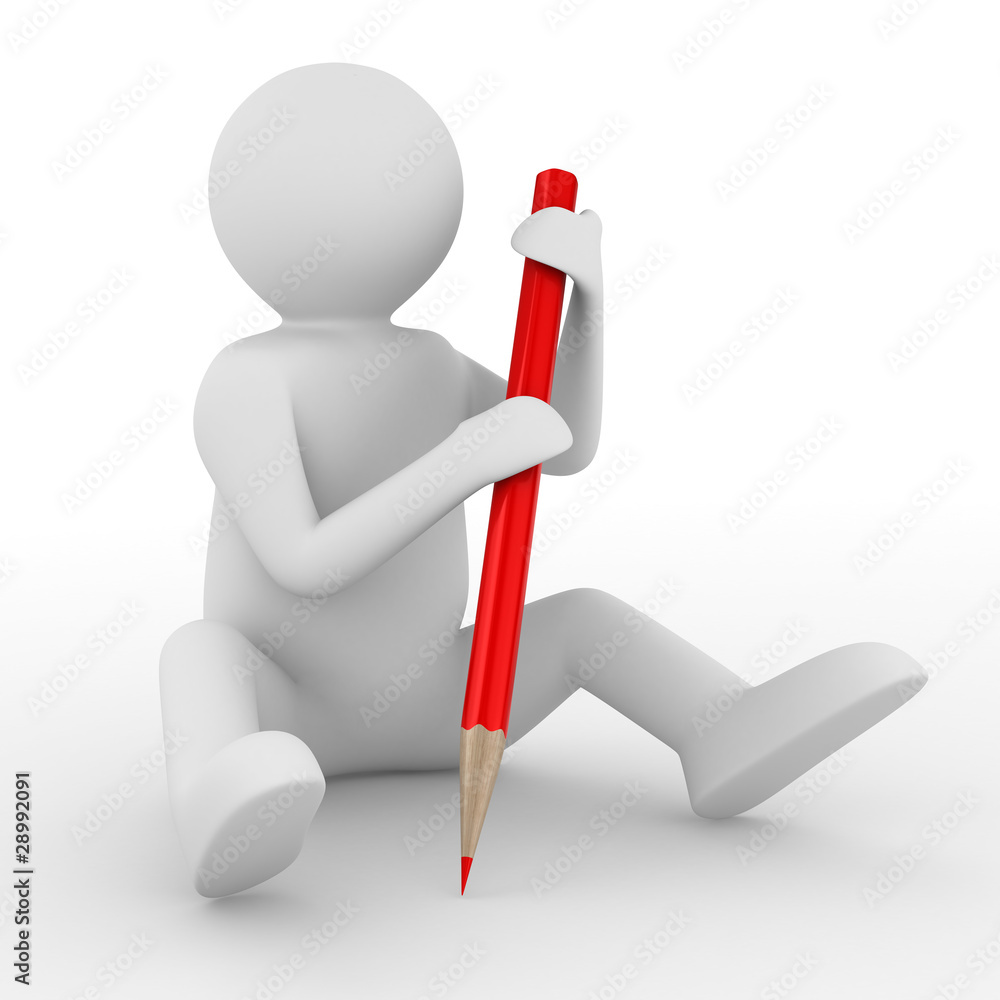 Man with pencil on white background. Isolated 3D image