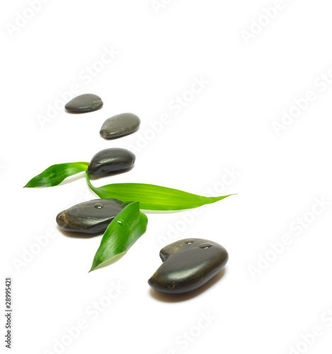 Black stones and bamboo leaf isolated on white