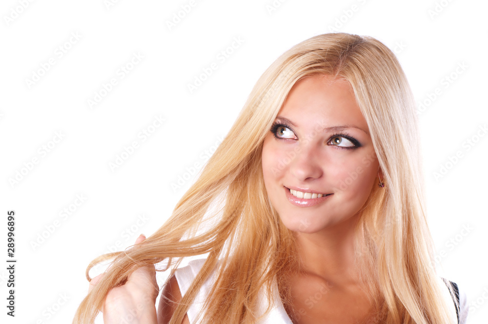 Beautiful blonde girl smiles and looks away. Beautiful blonde girl smiles and looks away.
