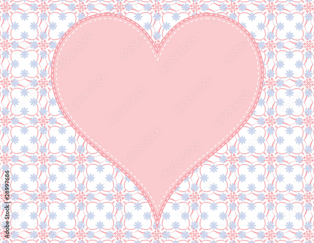 Stitched Pink Valentine Heart on flower pattern background Stitched Pink Valentine Heart on flower pattern background