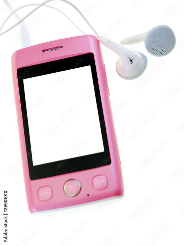 Fotografie pink touch screen phone isolated on white background