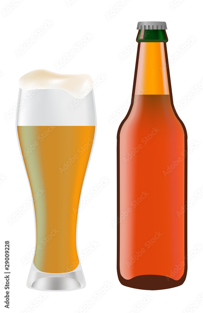 Beer in glass and dark bottle of beer Beer in glass and dark bottle of beer