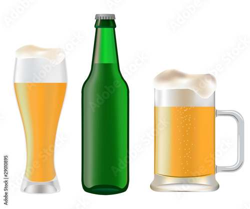 Beer in glass and mug green bottle