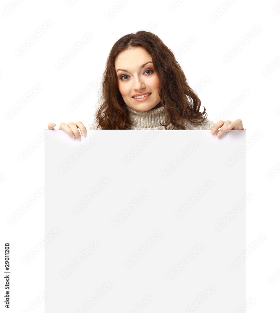 woman winner showing empty blank sign above her head woman winner showing empty blank sign above her head