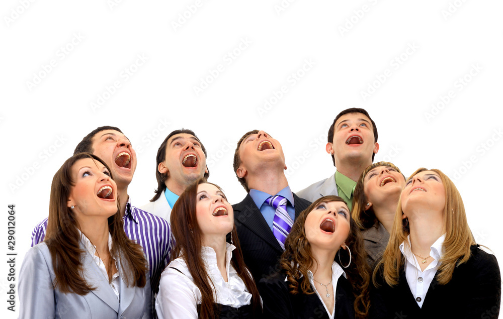 Closeup portrait of many men and women smiling and Closeup portrait of many men and women smiling and