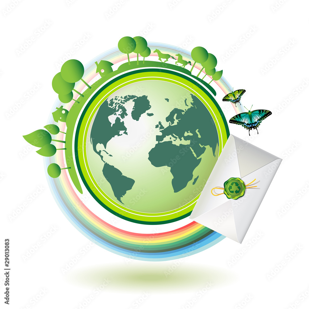Green earth with butterflies and envelope
