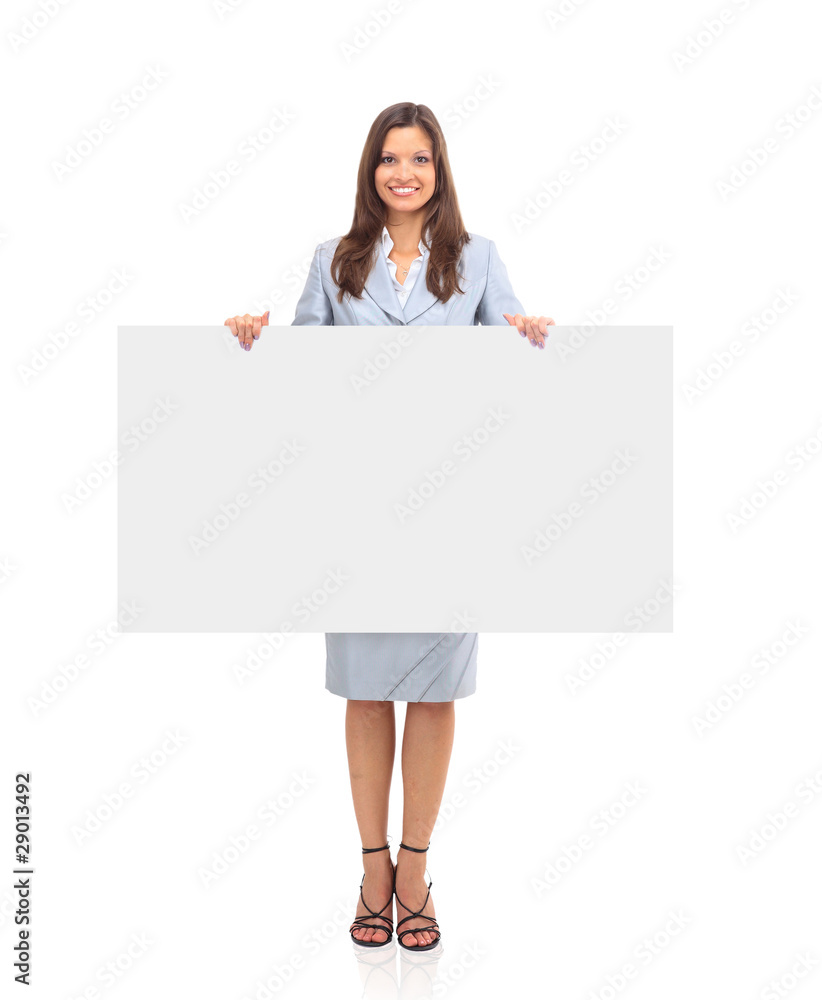 Business woman showing blank sign board Business woman showing blank sign board