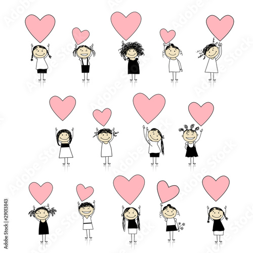 Cute girls with valentine hearts for your design