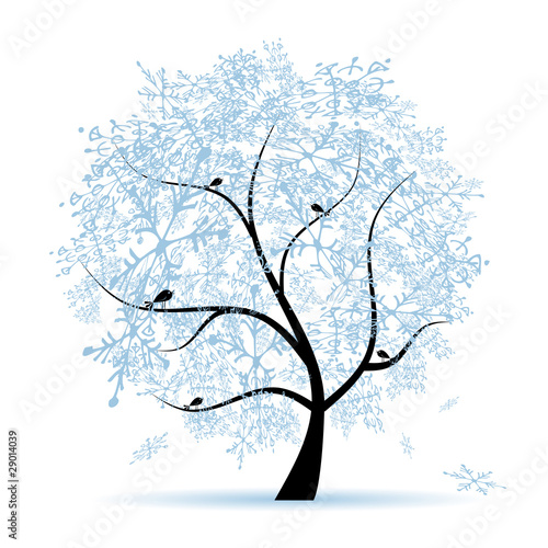 Winter tree, snowflakes. Christmas holiday.