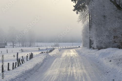 Fog and icy road in cold winter landscape