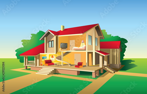 Country house without front wall, section cut view, vector