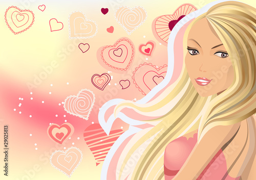 Beautiful blond on pink background with hearts