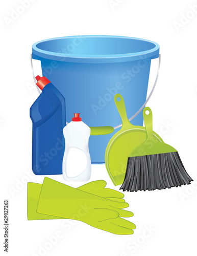 Plastic bucket with cleaning supplies, vector