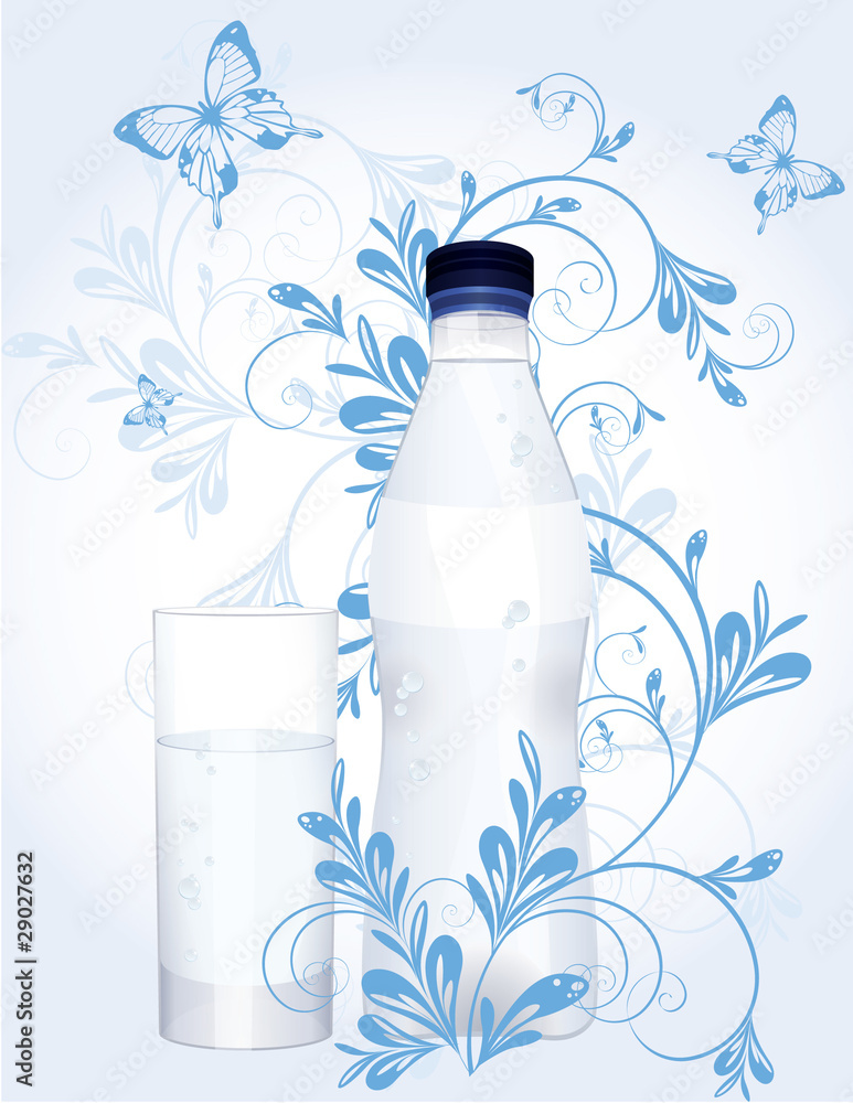 Water bottle and glass with floral decoration, vector Water bottle and glass with floral decoration, vector
