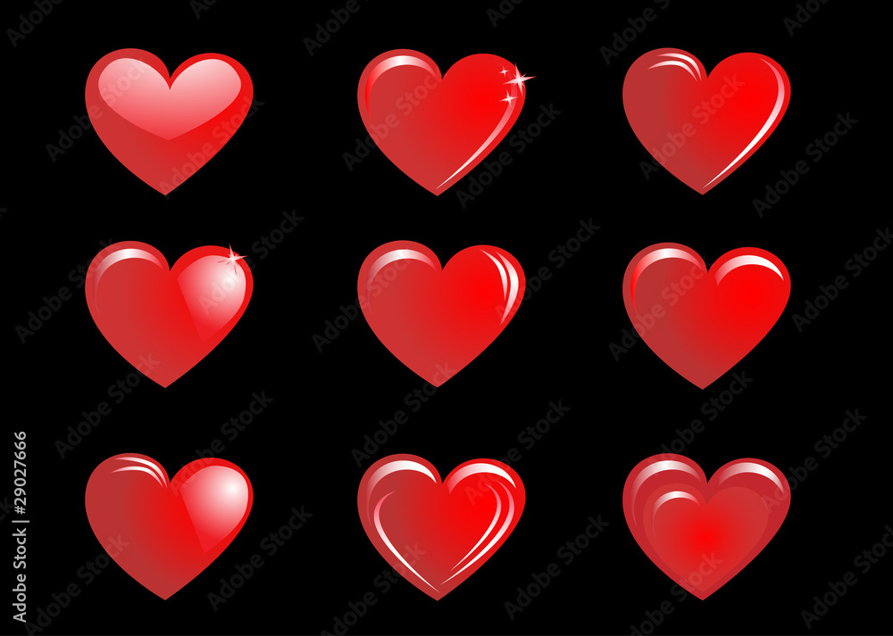 Red hearts on a black background, collection
